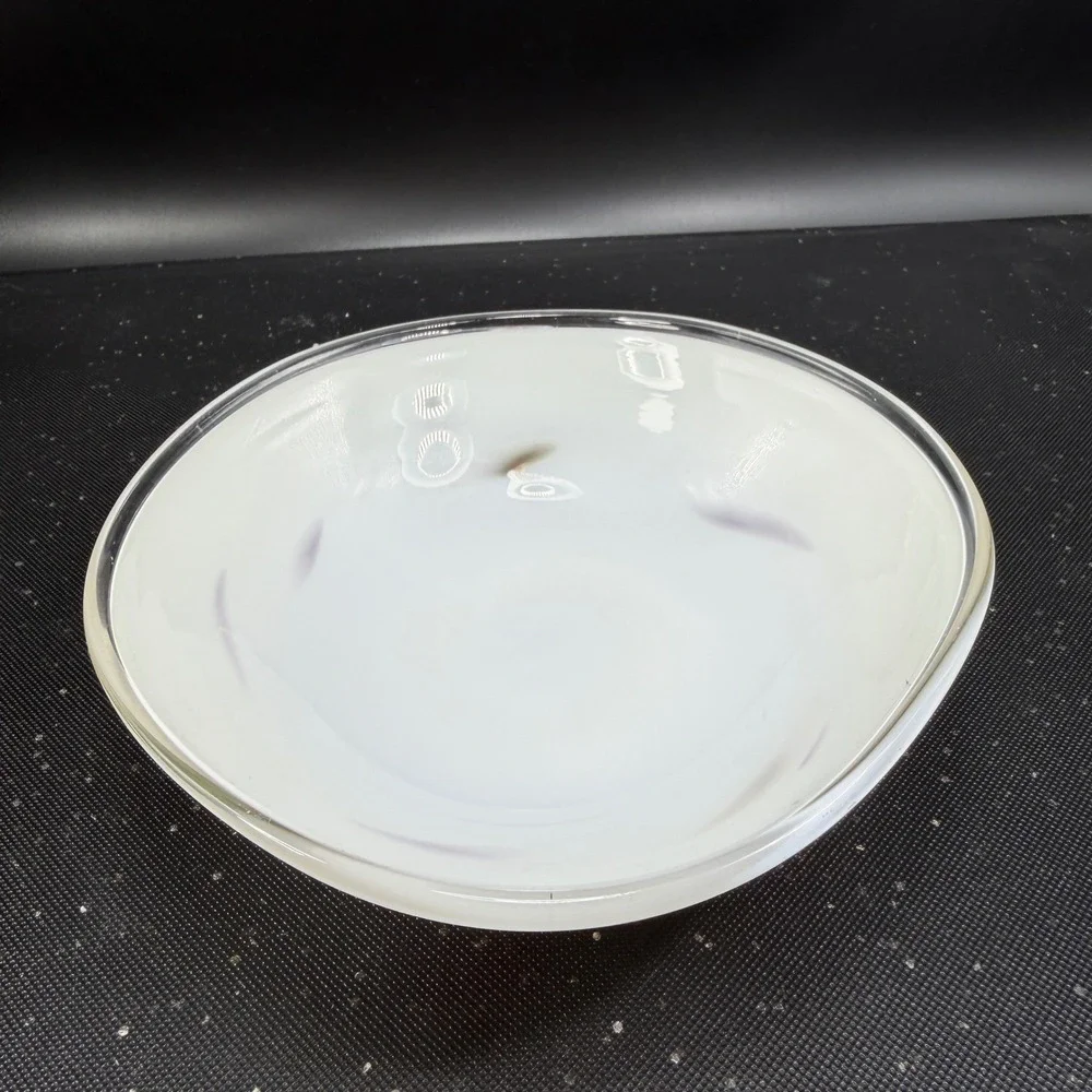 Vintage 1980s Venetian Blown Glass Dish Bowl White with Red Purple Swirls 6 Inch